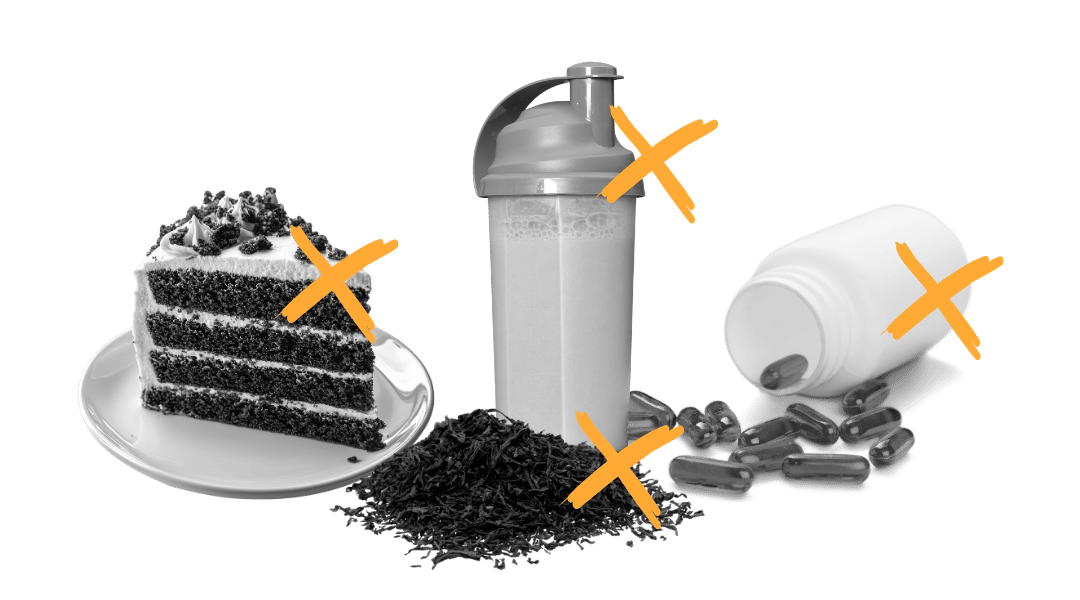 A slice of cake, a protein shaker, loose tea and a bottle of capsules, each crossed out